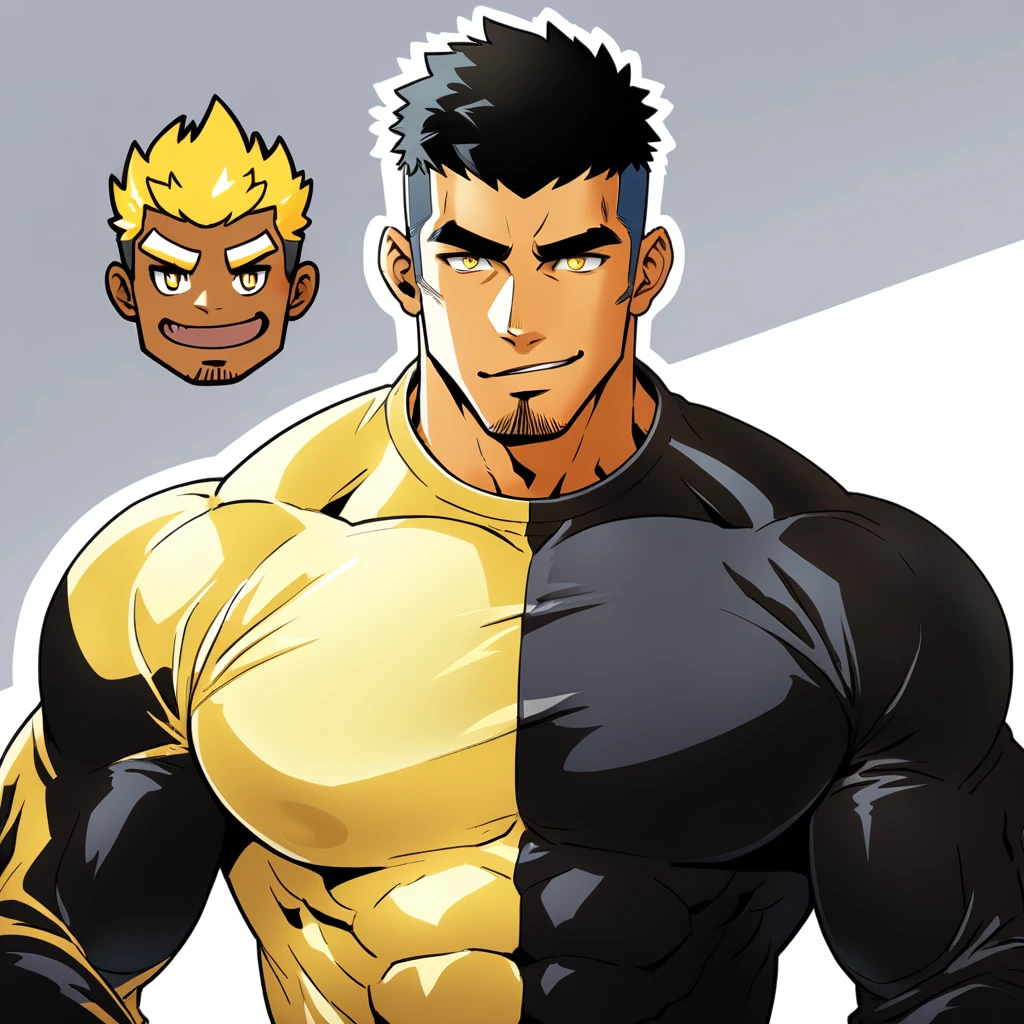 anime characters:Gyee, Muscle Sports Student, negro black skin, 1 dark skin muscular tough guy, Manliness, male focus, Light yellow high collar long sleeve tight T-shirt, Slightly transparent material, Very tight, Round, full and perky chest muscles, Slightly transparent, muscular male, muscular, only, Upper body, alone, Black short hair, Thick eyebrows, stubble, Yellow eyes, Grey background, simple background, amazing quality, best aesthetics, Ridiculous, bright pupils, crew cut, parted lips, seductive smile, torogao, naughty face, drop shadow, best quality