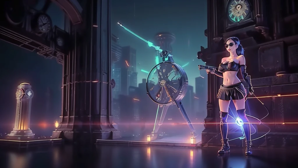 (aerial view). at night, futuristic sci-fi cyberpunk city, broad viaduct, skyscrapers at the end of the viaduct, the movie "13th Floor" style, (((((voltex-spirit-spreading giant clock tower as time machine))))), hq. Matrix style, at night, (1girl, solo), photo realistic, (large-breast:1.2 slim body, cleavage:1.3), (((tube top, extreamly short pleated (((miniskirt)))))), (((((matrix style black sunglasses))))), (((((aiming at camera with a (short:0.8 pistol)))))), (((half-body (thigh level) medium shot))), (cinematic lighting).