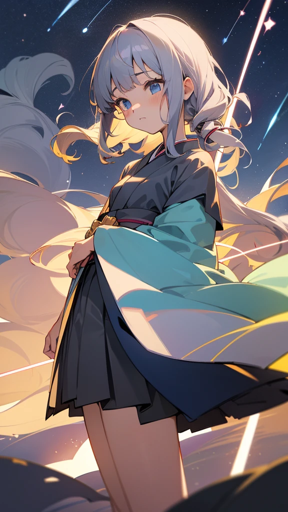 kimono、yukata、Tanabata、、Tanabataまつり、Milky Way in the night sky、(waltercolor:1.3)、mini skirt、rough toutch、Detailed expression、(Teenairls、Beautiful eyes、Blue Eyes、Gray Hair、Curly Hair、slender、Small breasts、Long legs、Inner thighs、Beautiful Skin、Perfect fingertips、8 heads、look away、during、Lolicon)