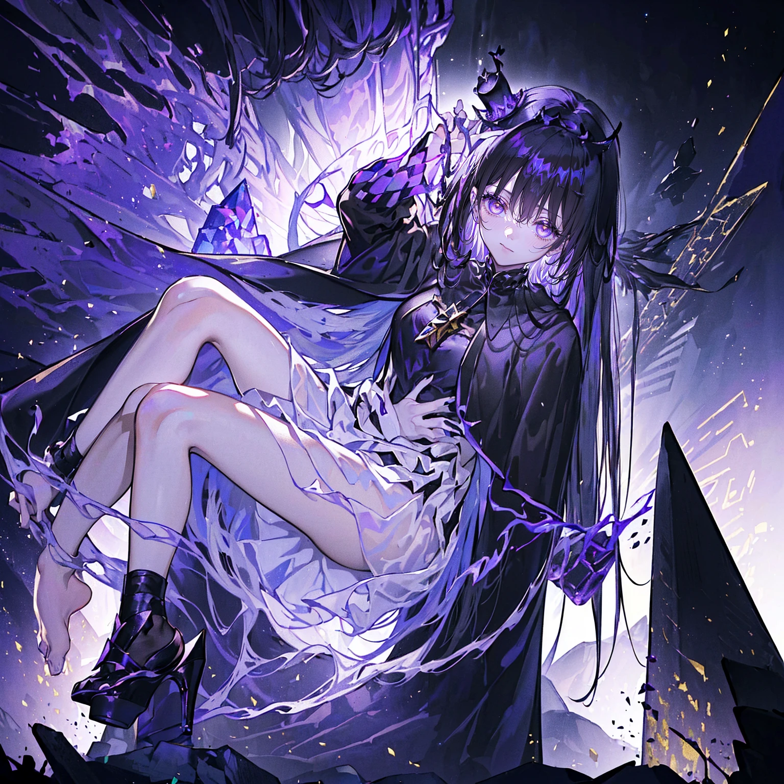 (Super detailed)),((illustration))，((masterpiece)),(((need))),((fine、Highest quality CG Unity 8K wallpapers，masterpiece），（（4K，masterpiece，best quality）），Black hair queen，Sexy，Golden Eyes，Lying in a coffin，Mature，Hair tied on both sides，Black and gold gauze robe，Gorgeous black cape，Black veil，Purple-white halo，Black and purple high heels，Wearing a crown on the head，pyramid，Emitting dim purple light，under deep sea，under deep sea的废墟，under deep sea排满棺材，Mysterious symbols