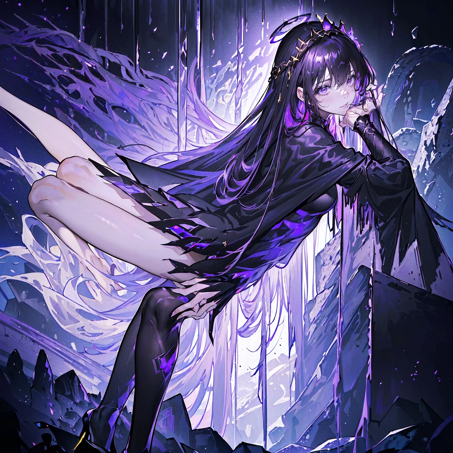 (Super detailed)),((illustration)),((masterpiece)),(((need))),((fine、Highest quality CG Unity 8K wallpapers,masterpiece),((4K,masterpiece,best quality)),Black hair queen,Sexy,Golden Eyes,Lying in a coffin,Mature,Hair tied on both sides,Black and gold gauze robe,Gorgeous black cape,Black veil,Purple-white halo,Black and purple high heels,Wearing a crown on the head,pyramid,Emitting dim purple light,under deep sea,under deep sea的废墟,under deep sea排满棺材,Mysterious symbols