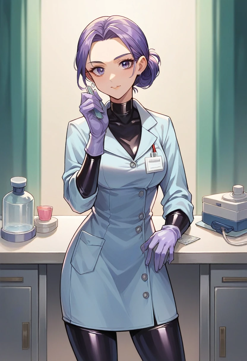 1girl, ((purple gloves)), ((surgical gloves)), ((latex gloves)), ((long sleeves)) ((blue surgeon outfit)), looking at viewer, ((doctor)), standing, solo