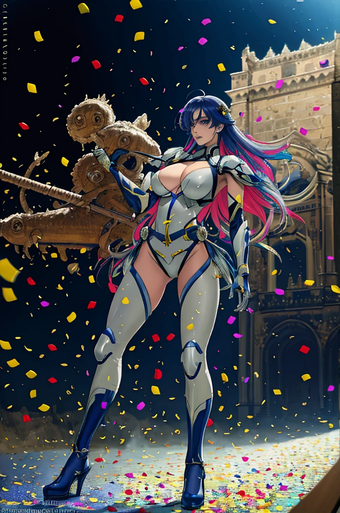best quality, official art, masterpiece, textile shading, HDR, very detailed, colorful, best details, fantasy, battle suit, Yuki Mori:1.5, 1 female, 25 years old, best quality, official art, masterpiece, textile shading, HDR, very detailed, colorful, best details, fantasy, battle suit,1 female, 25 years old, standing on stairs, a castle town with an old castle view, sunny, random hair, big breast, skinny, Surrounded by a large crowd:1.9, Confetti flutters, Blessed, Being welcomed:1.5, cameltoe:1.3, ground level shot:,