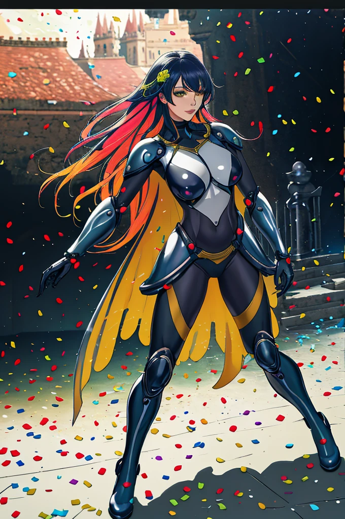 best quality, official art, masterpiece, textile shading, HDR, very detailed, colorful, best details, fantasy, battle suit, Yuki Mori:1.5, 1 female, 25 years old, best quality, official art, masterpiece, textile shading, HDR, very detailed, colorful, best details, fantasy, battle suit,1 female, 25 years old, standing on stairs, a castle town with an old castle view, sunny, random hair, big breast, skinny, Surrounded by a large crowd:1.9, Confetti flutters, Blessed, Being welcomed:1.5, cameltoe:1.3, ground level shot:,