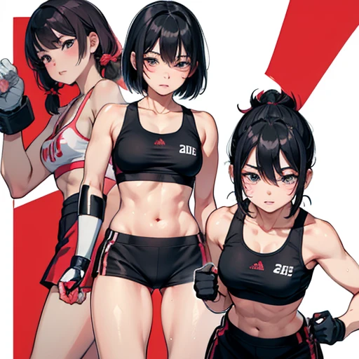 Injured Japanese female high school mixed martial artist during a match in the ring。After the downfall、Trying to stand up on hands and knees。Short black hair。A regretful look。One eye closed。Out of breath。Drooling from the mouth。Drenched in sweat。A well-trained body。Small breasts。Pink sports bra and high leg shorts on a white background。Open Finger Gloves。