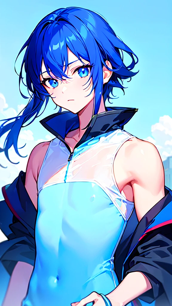 [(SKYBLUE BACKGROUND:1.5),::5], ((((masterpiece)))), high quality, ultra very high resolution, full color, (((solo))), ((little boy)), oriental deepBlue hair, (oriental deepblue eyes), anime, ((upper body)), Summer clothes, neon light, black parka, 