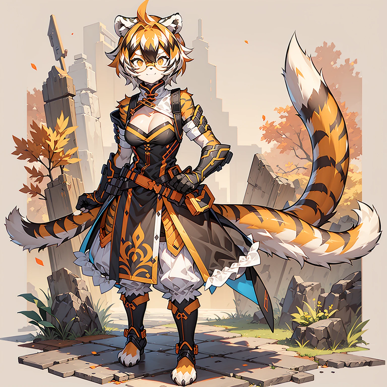 white background, full body, solo, Standing, heading up, proud , young girl, animal ears, arknights, white hair, black hair, round eyewear, glasses, OPPEIN, short hair, large breasts, muscle，tail, orange eyes, orange hair, multicolored hair, tiger girl, furry female, hair between eyes, tiger_ears, tiger_tail, waai_fu, orange-tinted_eyewear, tinted_eyewear, Sophorae, ワイフー, waai_fu_arknights, tattoo, petite, neck tattoo, big breasts, stomach tattoo, bra, panties, evil smile, Shadows under feet，text，