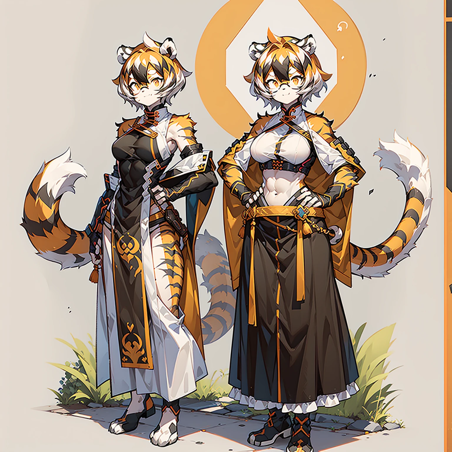 white background, full body, solo, Standing, heading up, proud , young girl, animal ears, arknights, white hair, black hair, round eyewear, glasses, OPPEIN, short hair, large breasts, muscle，tail, orange eyes, orange hair, multicolored hair, tiger girl, furry female, hair between eyes, tiger_ears, tiger_tail, waai_fu, orange-tinted_eyewear, tinted_eyewear, Sophorae, ワイフー, waai_fu_arknights, tattoo, petite, neck tattoo, big breasts, stomach tattoo, bra, panties, evil smile, Shadows under feet，text，