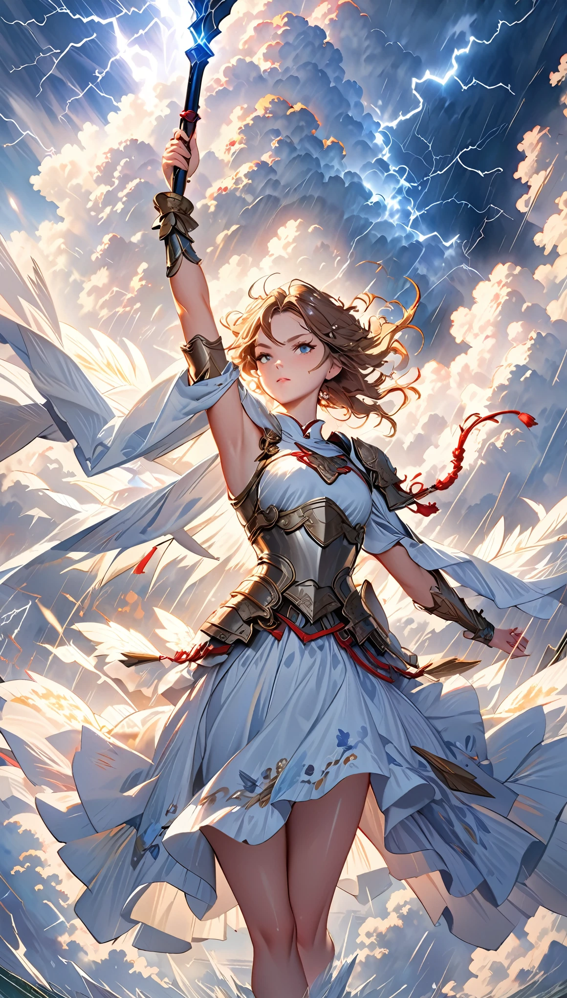 ((Highest quality)),(Ultra-high resolution),(Ultra-detailed new),(Detailed Description),((The best CG)),(masterpiece),Highly detailed art,A wonderful new art form,(Art with precise details:1.5), (Thundercloud:1.6),(lightning:1.6), (Strong winds:1.6), (A spear held in a raised arm:1.7),(A powerful female angel:1.4),(Beautiful and well-proportioned face:1.3),(Winged breastplate:1.6),(Dynamic Pose:1.6),
