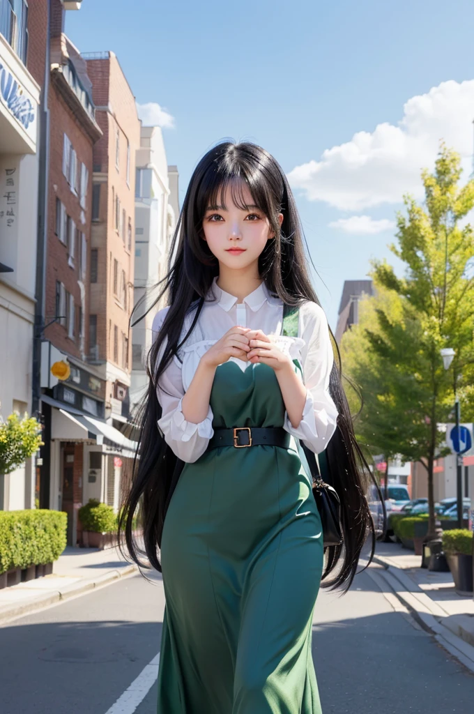 cute girl with long black hair walking down the street, cute moe artstyle, cute visual of a cute girl, cute girl with long hair, smooth cute cg art, cute waifu in a nice dress, realistic 8k