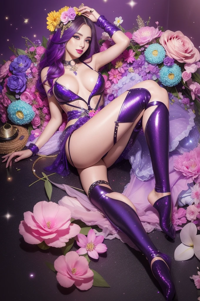 sexy Brazilian model who controls poison、beautiful smile、lipgloss、bold lipstick、intense makeup、look at the camera、full body Esbian、、sparkling poisoned flower costume、、、、sparkling Colorful hair、secrete poison、skull hair accessories、sexy tights、shiny sparkling flowers background
