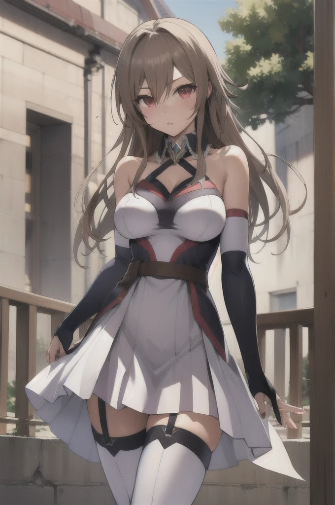 masterpiece, best quality, highres, fel1, bridal gauntlets, black thighhighs, bare shoulders, belt, garter straps, white dress, elbow gloves, outdoors, cowboy shot,