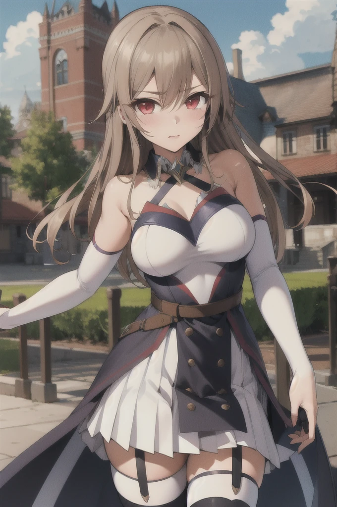 masterpiece, best quality, highres, fel1, bridal gauntlets, black thighhighs, bare shoulders, belt, garter straps, white dress, elbow gloves, outdoors, cowboy shot,