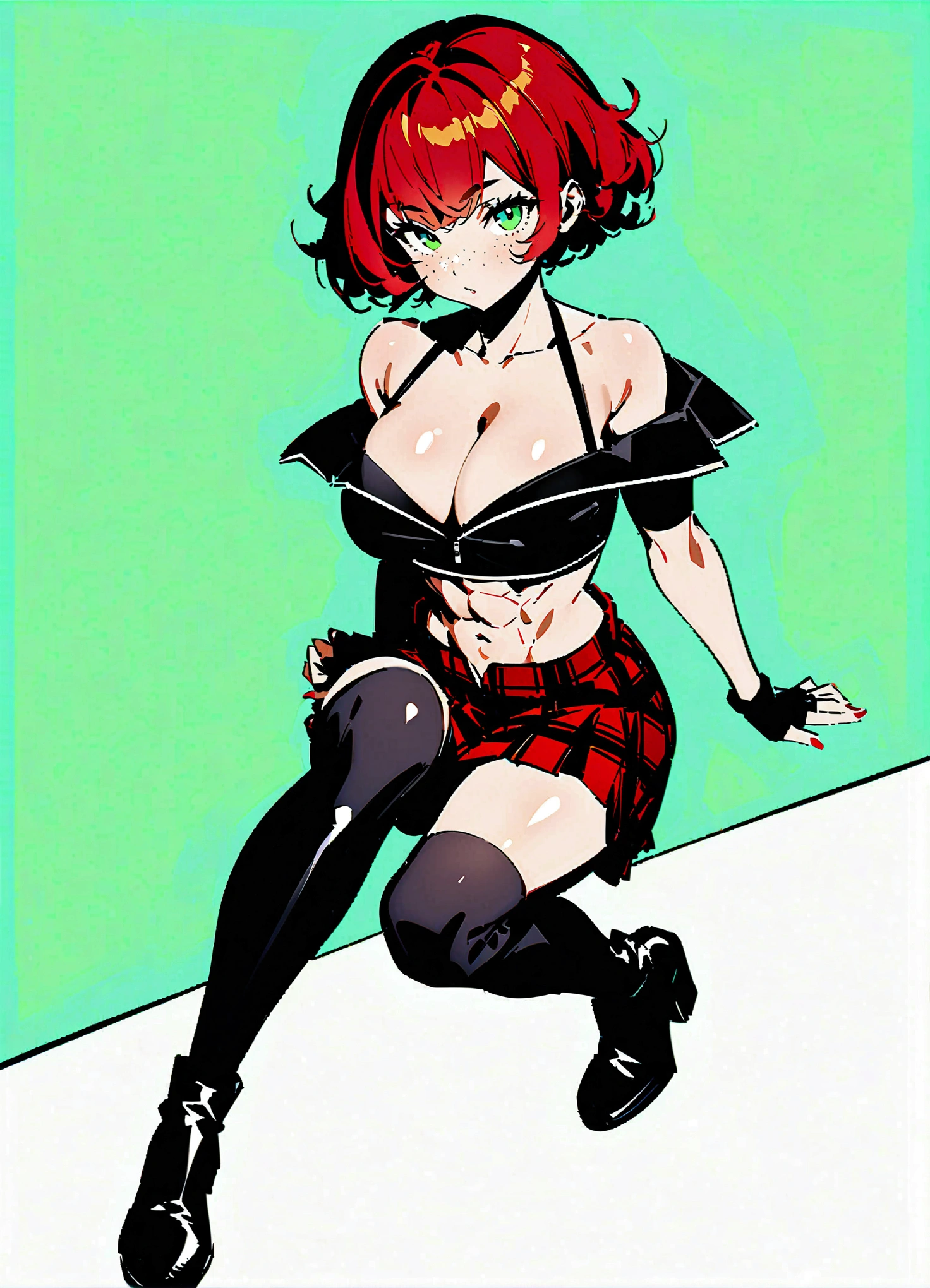 woman, curly red pixie cut hair, green eyes, wearing crop top black shirt, red plaid skirt, (black knee high boots), black fingerless gloves, exposed shoulders, (full body), large breasts, freckles, cleavage, abs, looking at viewer, masterpiece, best quality