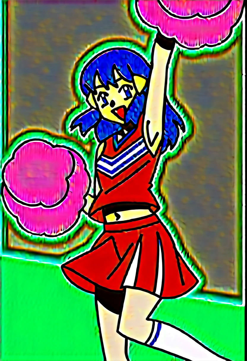 score_9, score_8_up, score_7_up, source anime, anime, animification, anime screencap, anime coloring, vivid colors, shiny skin, skindentation, deep skin, depth of field, high quality, highres, (dynamic angle,dynamic pose), dawncheerxl, 1girl, solo, long hair, looking at viewer, smile, open mouth, blue eyes, skirt, outdoors, shirt, hair ornament, sky, navel, holding, blue hair, :d, sidelocks, tongue, socks, hairclip, midriff, eyelashes, red skirt, leg up, white socks, red shirt, cheerleader, pom pom, (cheerleading), holding pom poms, dawn \(pokemon\) BREAK masterpiece,high quality