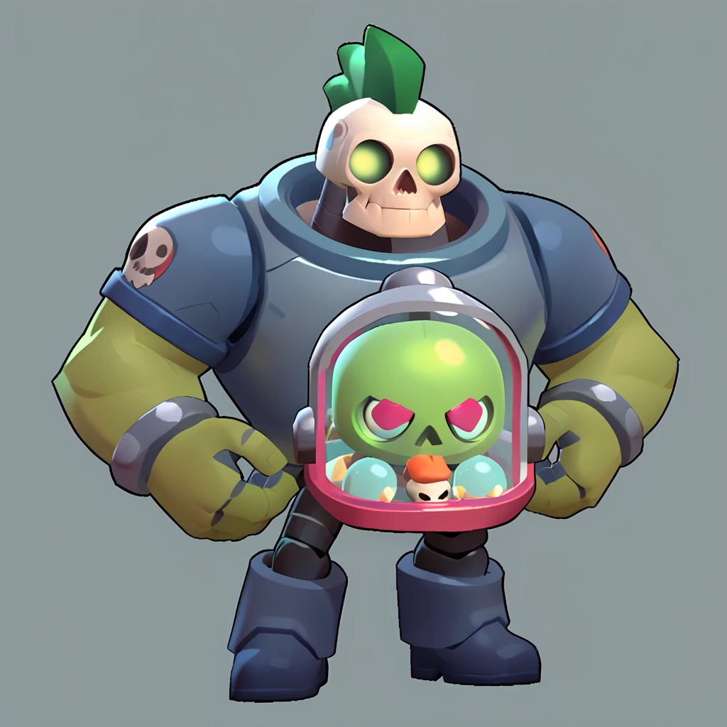 full view of a robot mixed with a transparent incubator, having muscular green arms, living human skull inside the robot mixed with the transparent incubator,  brawl, brawl stars