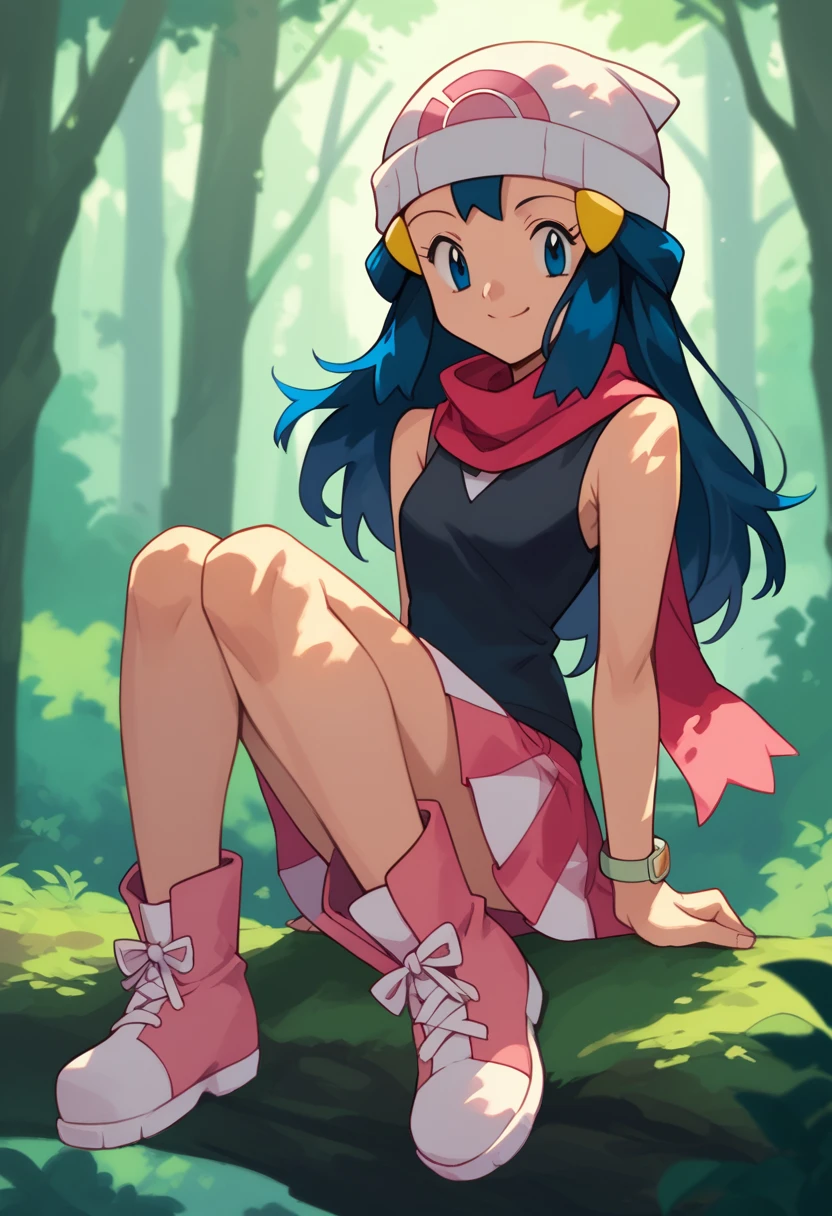 masterpiece, best quality, 1girl, dawn \(pokemon\), beanie, long hair, blue hair, blue eyes, black sleeveless shirt, pink scarf, pink skirt, pink boots, smile, looking at viewer, forest background