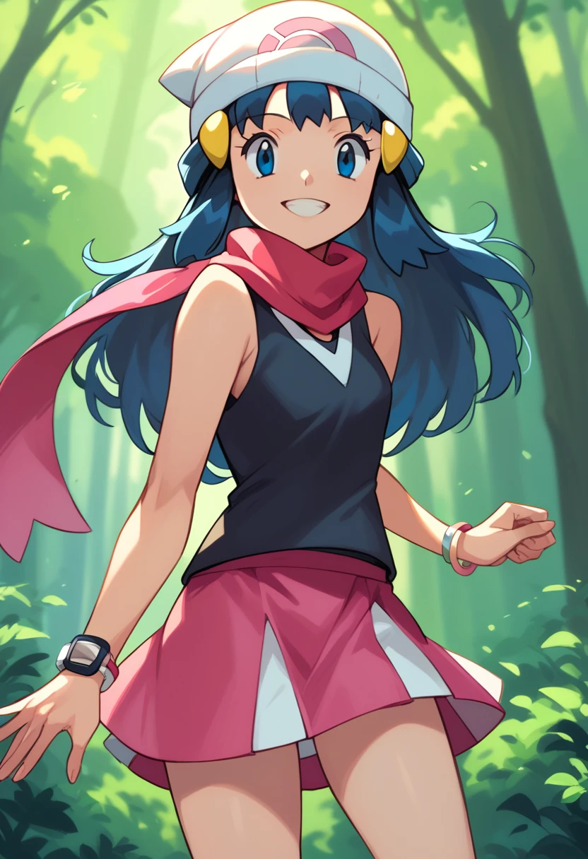 masterpiece, best quality, 1girl, dawn \(pokemon\), beanie, long hair, blue hair, blue eyes, black sleeveless shirt, pink scarf, pink skirt, pink boots, smile, looking at viewer, forest background