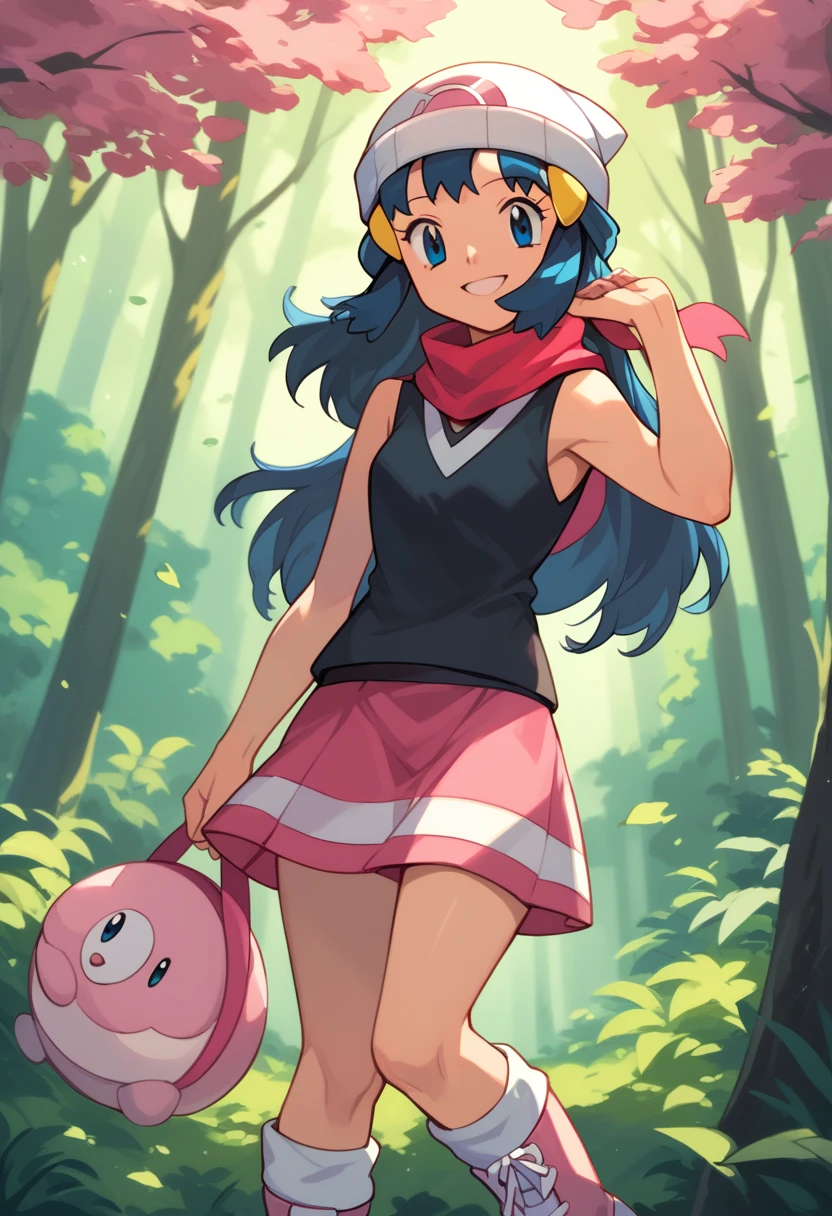 masterpiece, best quality, 1girl, dawn \(pokemon\), beanie, long hair, blue hair, blue eyes, black sleeveless shirt, pink scarf, pink skirt, pink boots, smile, looking at viewer, forest background