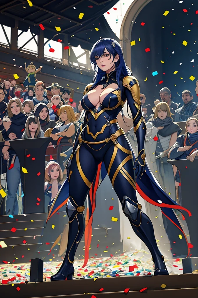 best quality, official art, masterpiece, textile shading, HDR, very detailed, colorful, best details, fantasy, battle suit, Yuki Mori:1.5, 1 female, 25 years old, best quality, official art, masterpiece, textile shading, HDR, very detailed, colorful, best details, fantasy, battle suit,1 female, 25 years old, standing on stairs, a castle town with an old castle view, sunny, random hair, big breast, skinny, Surrounded by a large crowd:1.9, Confetti flutters, Blessed, Being welcomed:1.5, cameltoe:1.3, ground level shot:,足は2本,
