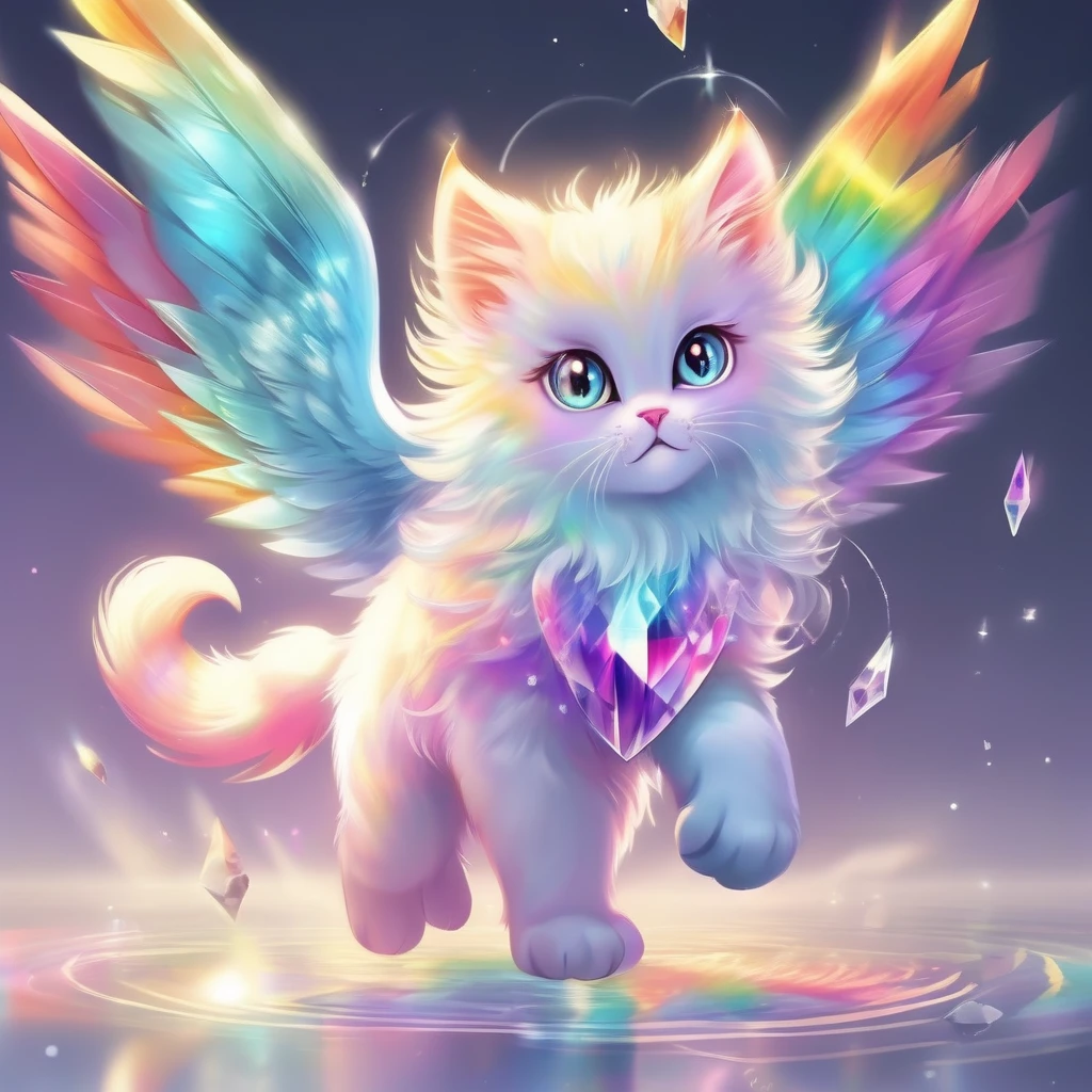 Crystal and cat fusion。A fluffy cat。Wings are transparent crystal。shine。Jump。Flying in the sky。Rainbow colors。bright。fun。Fairy。Lake and Crystal。mineral。Quadrupedal。Fantasy。Transparency。