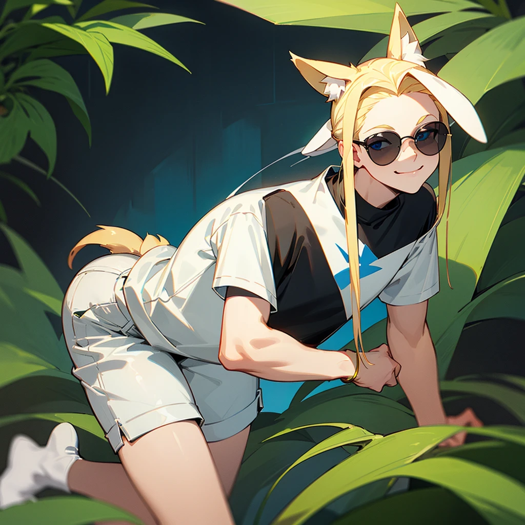 Black T-shirt, white shorts, slicked back blonde hair, sunglasses on head, dog ears, tail, slanted blue eyes, smiling face, plant