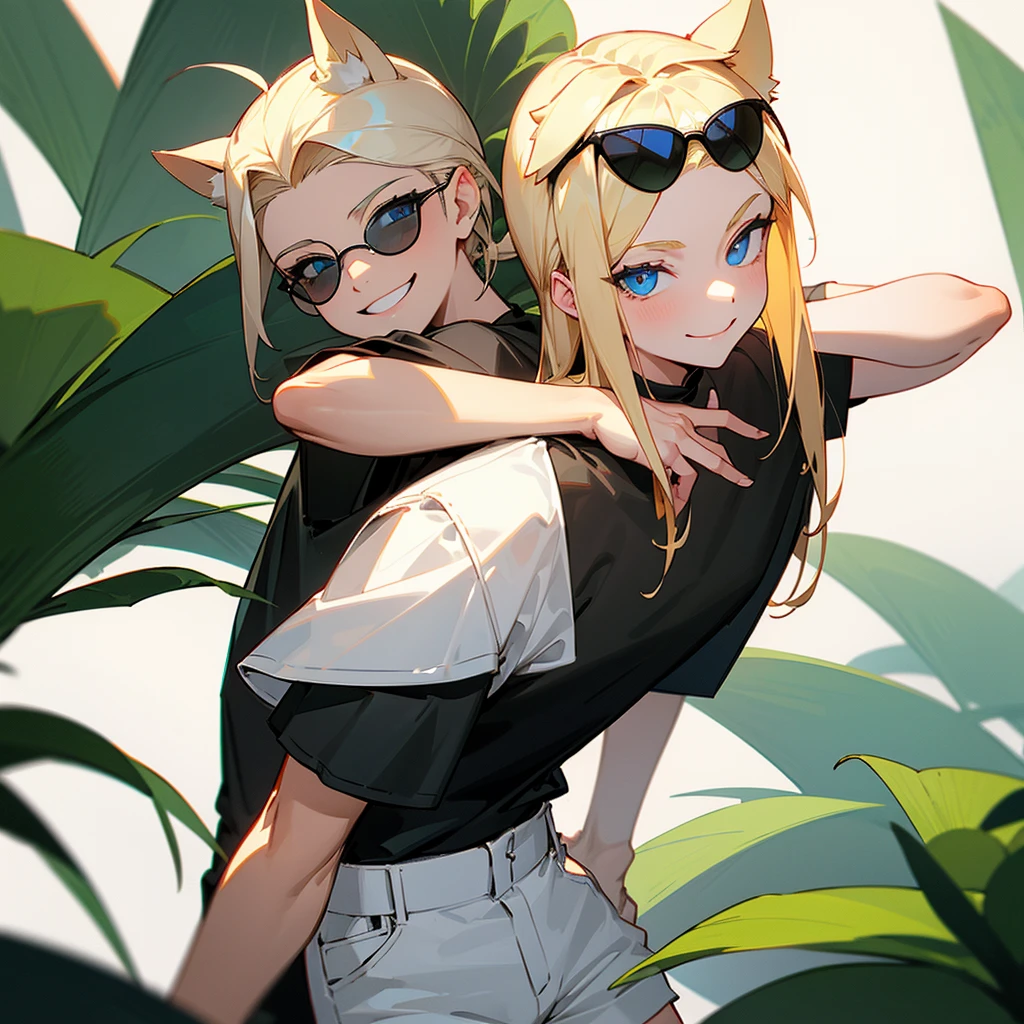 Black T-shirt, white shorts, slicked back blonde hair, sunglasses on head, dog ears, tail, slanted blue eyes, smiling face, plant