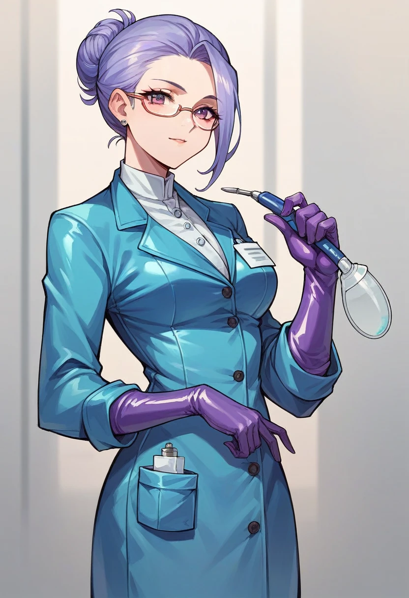 1girl, ((purple gloves)), ((surgical gloves)), ((latex gloves)), ((long sleeves)) ((blue surgeon outfit)), looking at viewer, ((doctor)), standing, solo