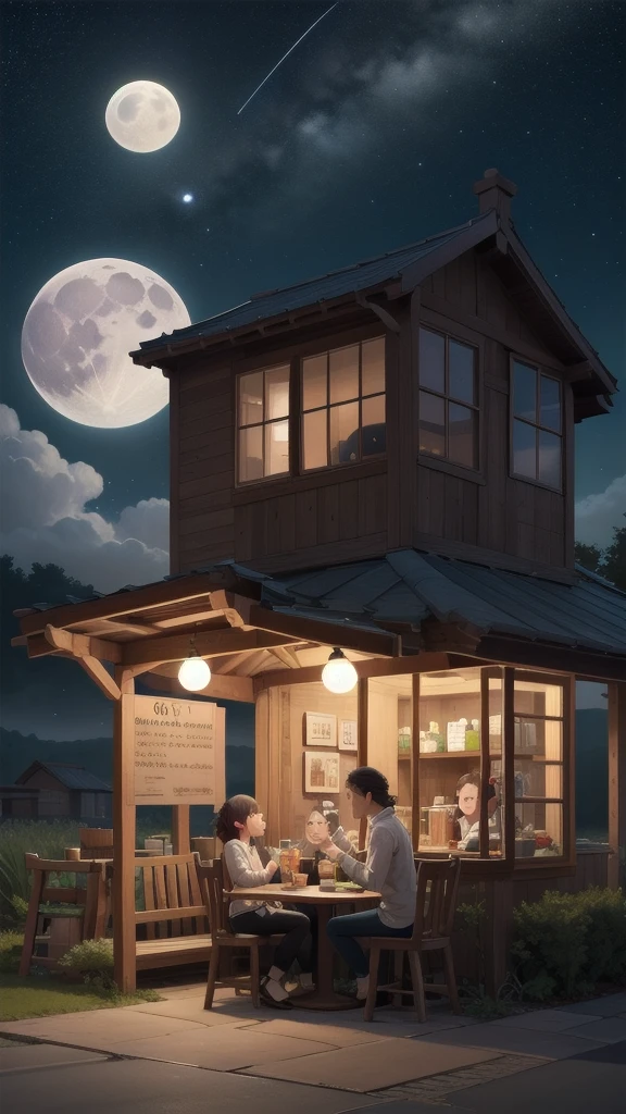 A girl drinking coffee in chair back view, BREAK (masterpiece, best quality:1.2), outdoors, cafe, tradisional village, night sky, stars, moon, moonlight, beautiful  clouds, cat, coffee