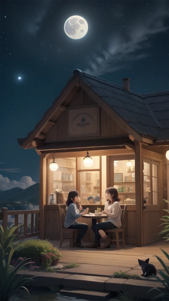 A girl drinking coffee in chair back view, BREAK (masterpiece, best quality:1.2), outdoors, cafe, tradisional village, night sky, stars, moon, moonlight, beautiful  clouds, cat, coffee