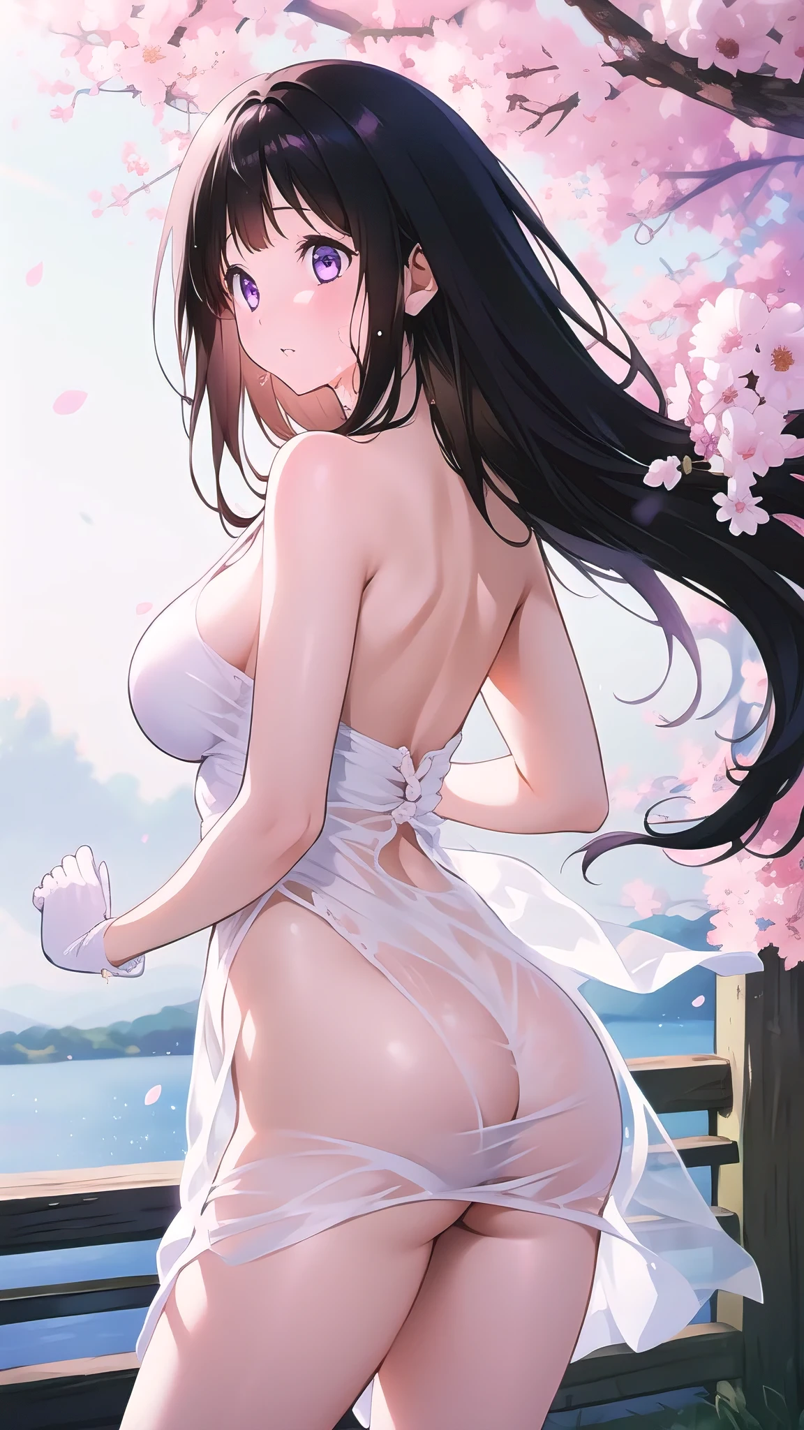 Amazing Chitanda, There is only one beautiful girl,Purple Eyes, Black Hair, Very red face,Very white skin,Glowing skin,Skin as delicate as porcelain,Naturally straight hair, Straight bangs,Extremely refined,Open lips,Long flowing hair,Beautiful Girl, Like a dream,Slim,Slim waist,soft, (sensuous), (Kawaii), Dream quality,Beautiful big breasts,Sheer loose dress,areola,Completely naked,Lower edge of breast,White gloves,Flower decoration,Deep V neckline,Loose neckline,Wide neckline,In school,The wind blows the hair,Place your hands on your inner thighs,Thighs clamp hands,Wet skin,Sweaty and sweaty,Sweating all over,it is raining,Next to the cherry blossom trees,Back to,Lean over,Hips,Side body,Gluteal groove,Completely naked buttocks,Bare back,Completely naked back,Light transmission,(no pants),nopan,pussy juice,Bare shoulders,There are no shoulder straps,Bare neck,Exposed collarbone,Exposing breasts,Exposing breasts side,Exposing breasts,Show your waist,Show your buttocks,Show your thighs,Exposing the groin,(No pants),extremely shy,Ultra-high resolution, (masterpiece:1.2, best quality), (Delicate and beautiful eyes: 1.2), (Beautiful and delicate face)