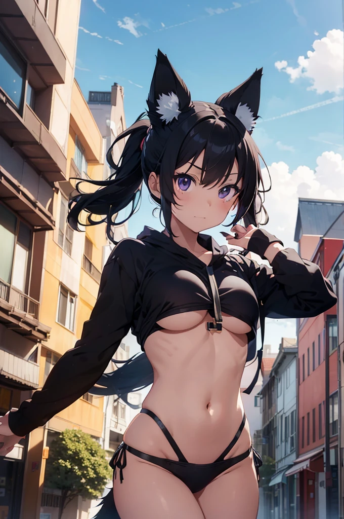 In anime style, create a very sexy ninja girl who shows her buttock in a black thong with a fox tail and green and purple fox ears. The girl is falling from a building holding onto one of his hands in a pose that shows her ass. and the face 