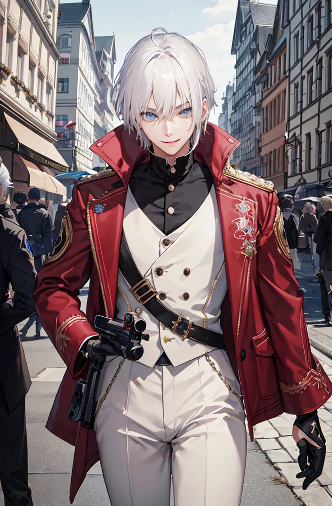 (Cool young man)、(white hair)、Short mash、blue eyes、((prince clothes)), highest quality、sharp look、keen eyes、sharp eyes、(hold a gun) 、Masterpiece、top quality、high quality、Germany、Heidelberg、smile