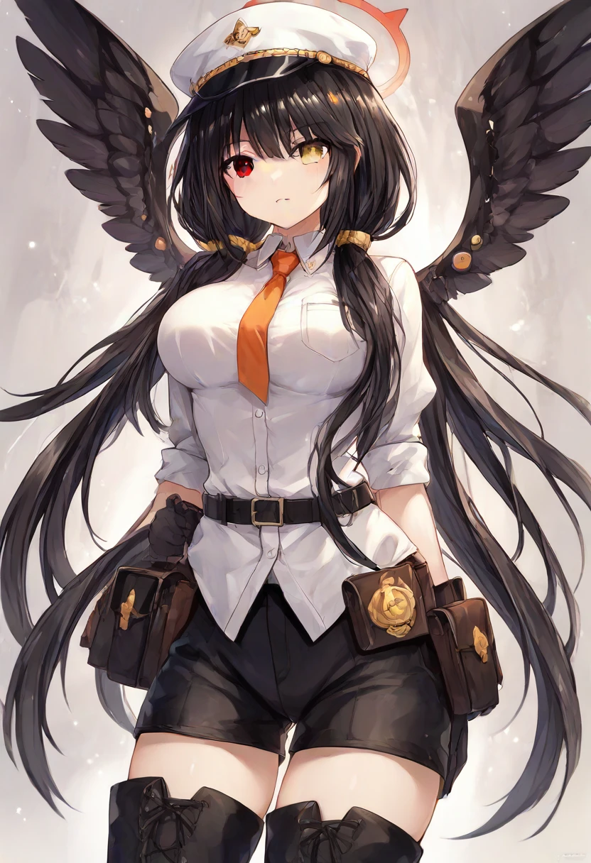 Anime adaptation for this character, (masterpiece) , (best quality), (ultra HD), 4K, tokisaki kurumi, tokisaki kurumi, heterochromia, black hair, very long hair, red right eye, yellow left eye, ornament hair, large breast, white shirt, orange necktie, belt, pouch, black pants, thigh boots, military hat, black gloves, black wings, orange halo