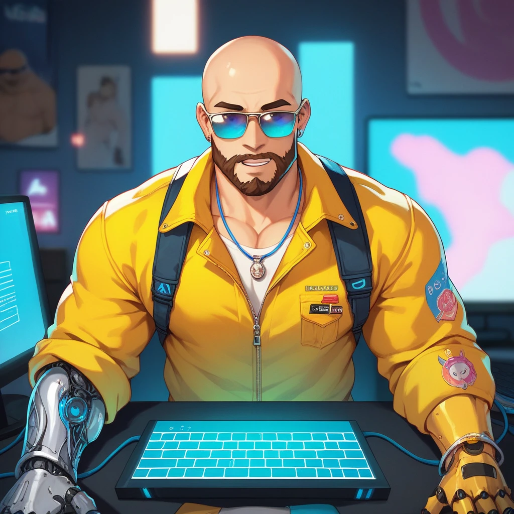 A bald guy with a short and stylish brown beard, athletic body, wearing yellow jacket with blue neon, sunglasses, robotic arm implants, connected ends, in his bedroom, using a computer to hack, sci fi environment, night-time, expression would be, POV view