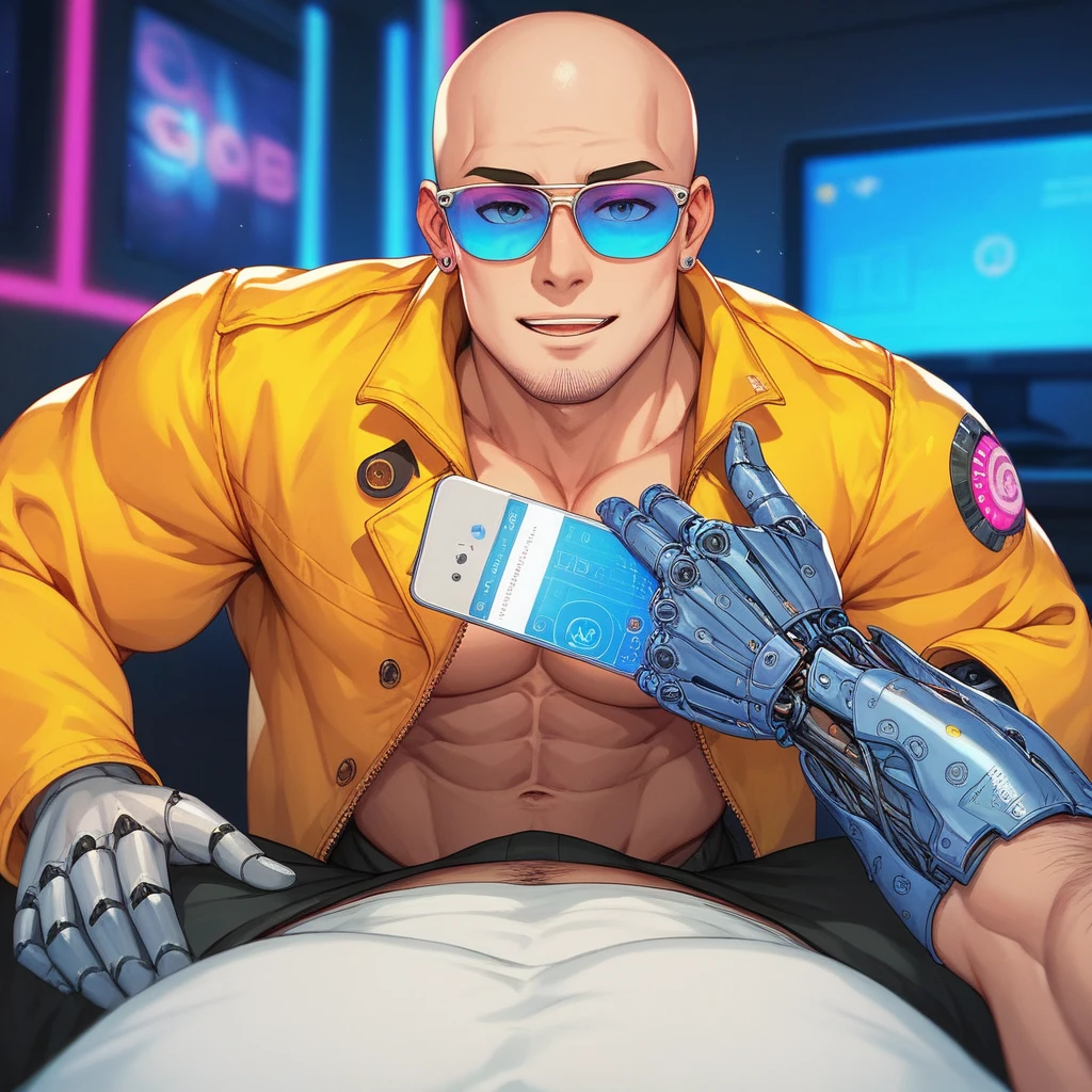 A bald guy with a short and stylish brown beard, athletic body, wearing yellow jacket with blue neon, sunglasses, robotic arm implants, connected ends, in his bedroom, using a computer to hack, sci fi environment, night-time, expression would be, POV view