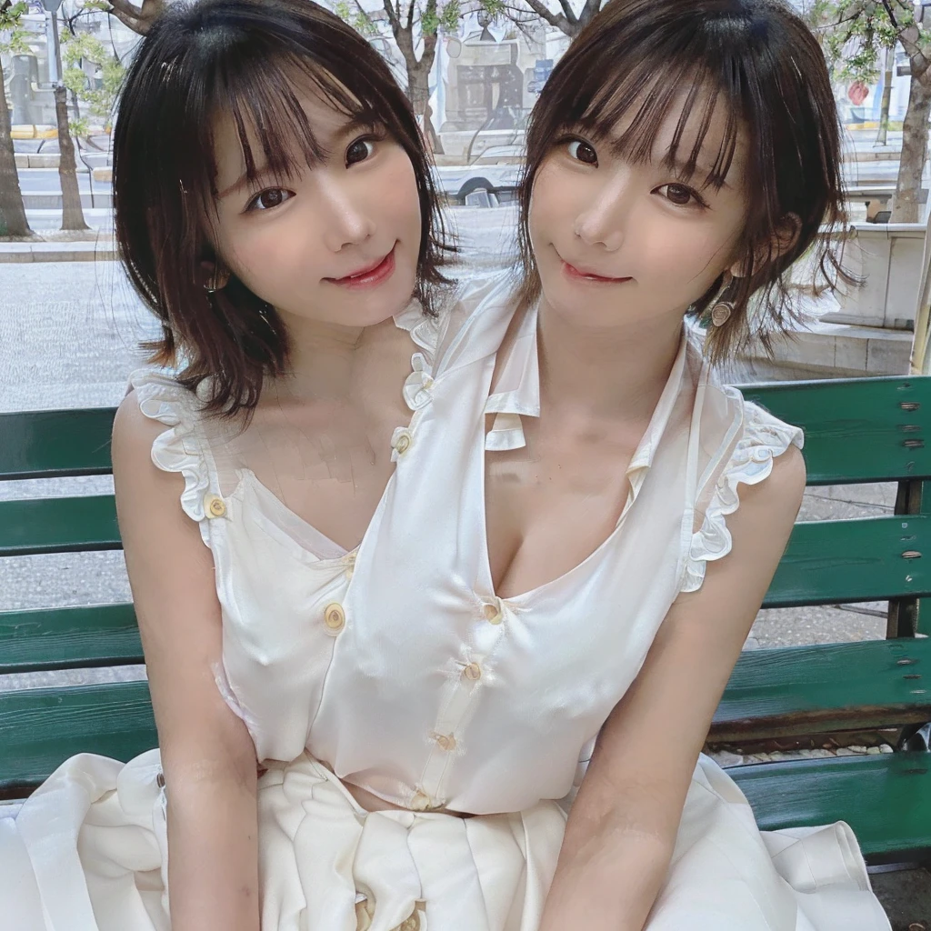 masterpiece, Highest quality, Raw photo, Ultra-high resolution, Realistic, Human skin is extremely delicate, 
(Anatomically correct, 20-year-old, Realistic Japan Girl, Photographer&#39;s Lover, She really loves the photographer, Baby Face, Cute face, low length, Narrow waist, Big Breasts, Thin legs, Large Breasts, Realistic Skin), 
((Very good, nipple, White sleeveless, Close all the buttons on your blouse, flare skirt:1.3)), 
(country, Round face, Black Hair, Iris, Watery eyes, Shining Eyes, bangs, Lowered eyebrows, Small earrings, A slight blush), 
(View Photographer, View the viewer, sitting on a park bench, Spread your legs:1.3), 
(The smile of a graceful goddess, Seduce men), 
(Tokyo, Shinbashi, A very lively Japanese station square), 
Natural light, full length