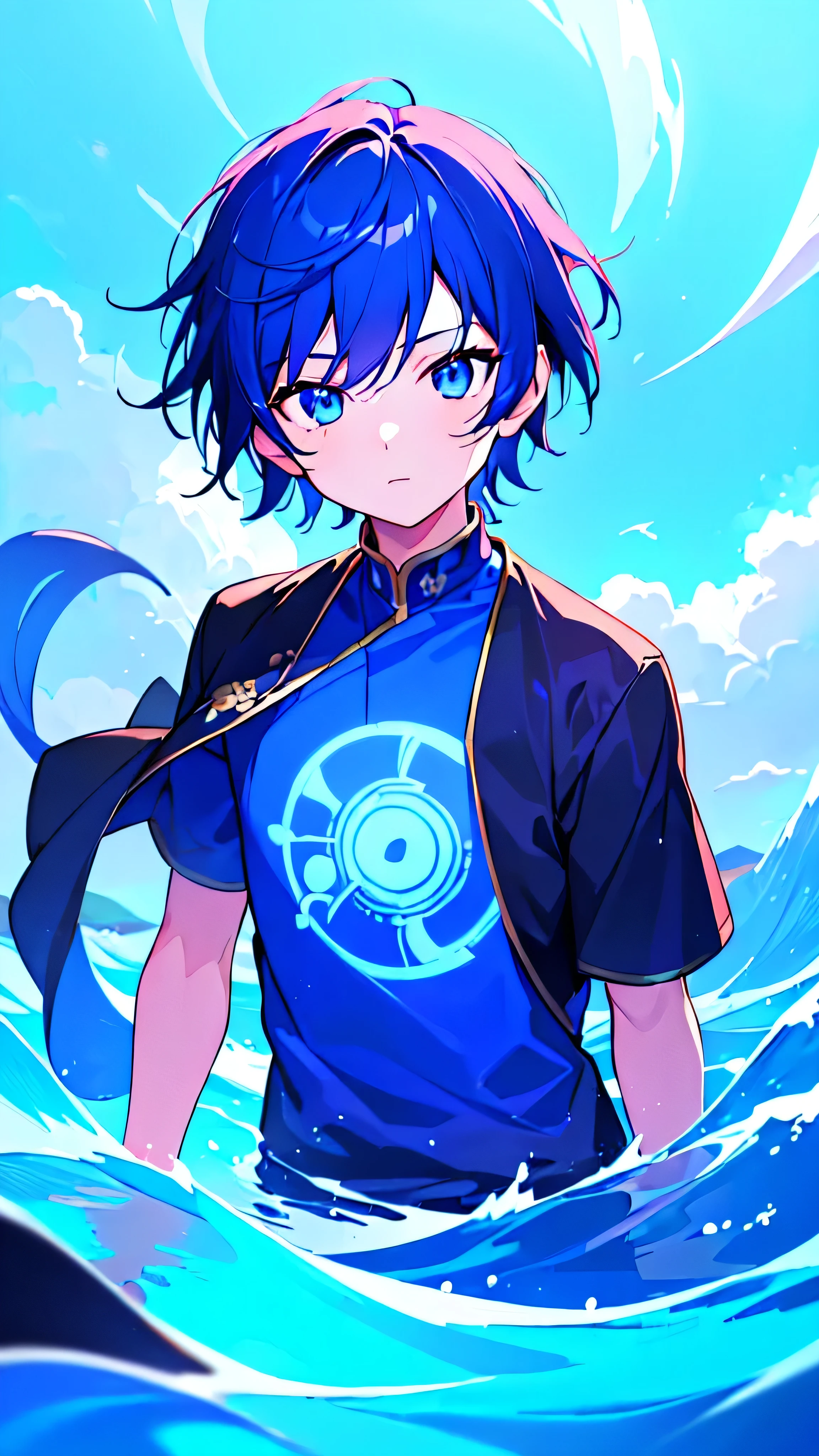 [(SKYBLUE BACKGROUND:1.5),::5], ((((masterpiece)))), high quality, ultra very high resolution, full color, (((solo))), ((little boy)), oriental deepBlue hair, (oriental deepblue eyes), anime, ((upper body)), Summer clothes, neon light, black parka, 