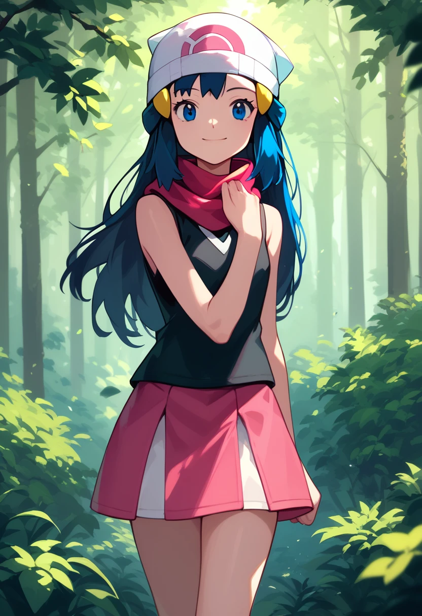 masterpiece, best quality, 1girl, dawn \(pokemon\), beanie, long hair, blue hair, blue eyes, black sleeveless shirt, pink scarf, pink skirt, pink boots, smile, looking at viewer, forest background