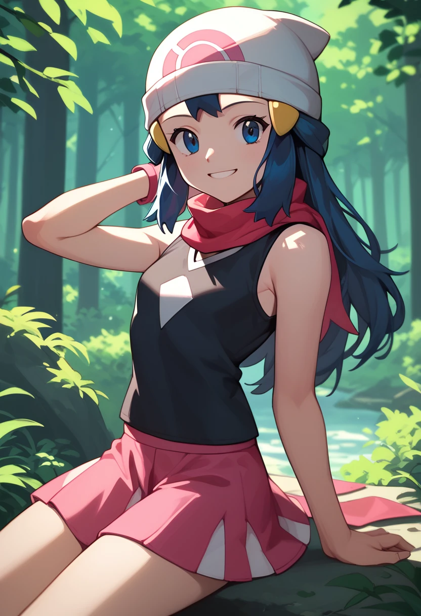 masterpiece, best quality, 1girl, dawn \(pokemon\), beanie, long hair, blue hair, blue eyes, black sleeveless shirt, pink scarf, pink skirt, pink boots, smile, looking at viewer, forest background