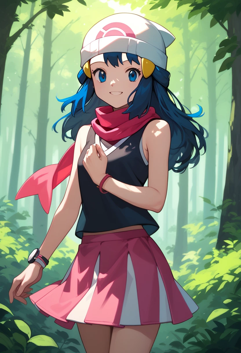 masterpiece, best quality, 1girl, dawn \(pokemon\), beanie, long hair, blue hair, blue eyes, black sleeveless shirt, pink scarf, pink skirt, pink boots, smile, looking at viewer, forest background