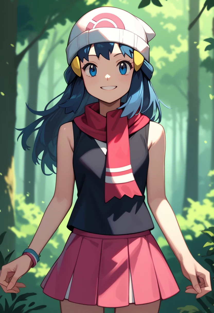 masterpiece, best quality, 1girl, dawn \(pokemon\), beanie, long hair, blue hair, blue eyes, black sleeveless shirt, pink scarf, pink skirt, pink boots, smile, looking at viewer, forest background