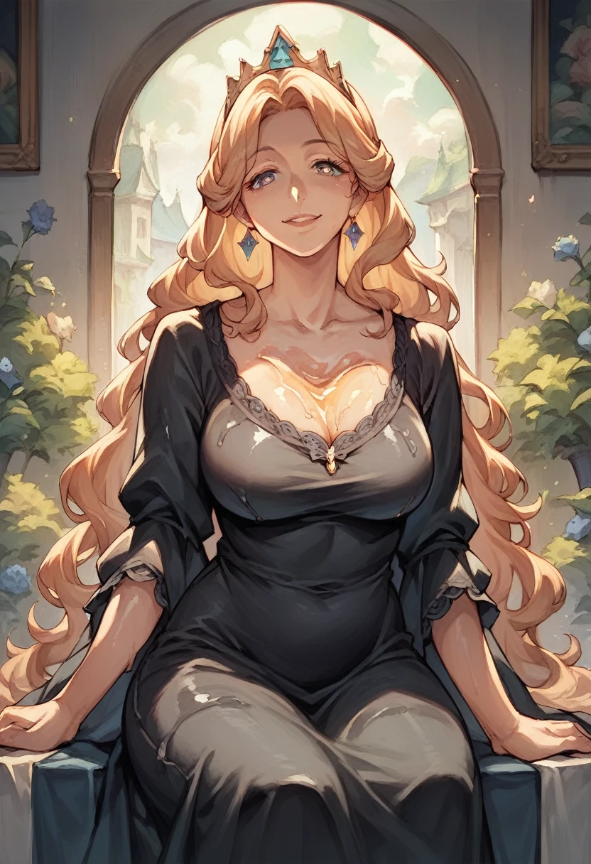 masterpiece, best quality, 1girl, solo, ((mature female)), round pupils, long hair, hair, princess, black dress, fantasy, happy, looking at viewer, cartoon, anime, (oil painting)