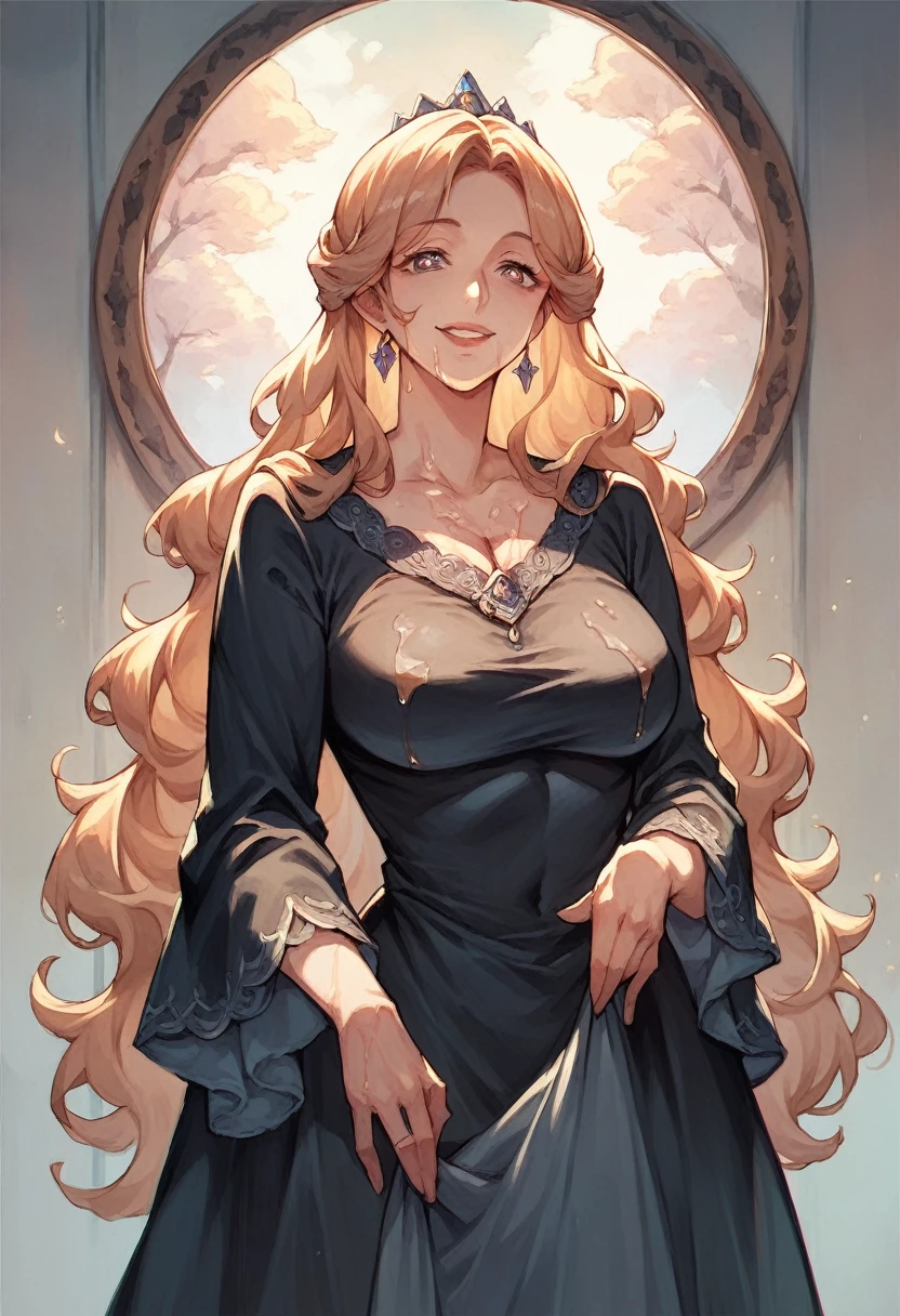 masterpiece, best quality, 1girl, solo, ((mature female)), round pupils, long hair, hair, princess, black dress, fantasy, happy, looking at viewer, cartoon, anime, (oil painting)