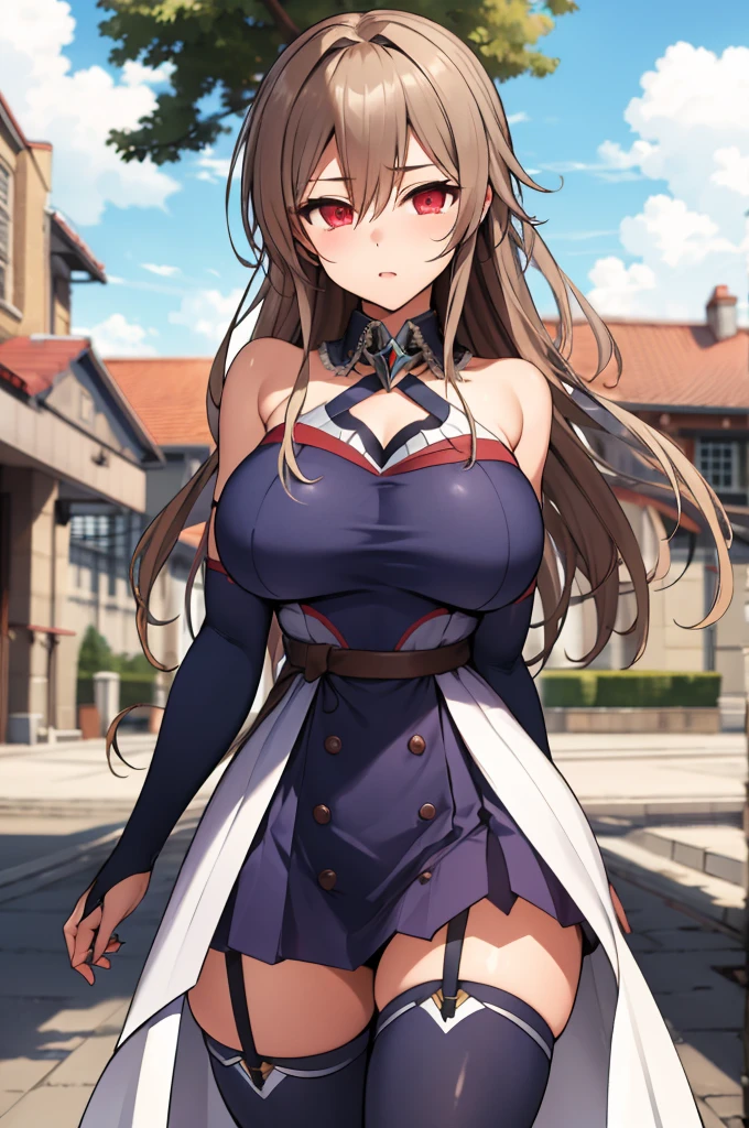 masterpiece, best quality, highres, fel1, bridal gauntlets, black thighhighs, bare shoulders, belt, garter straps, white dress, elbow gloves, outdoors, cowboy shot, huge breasts