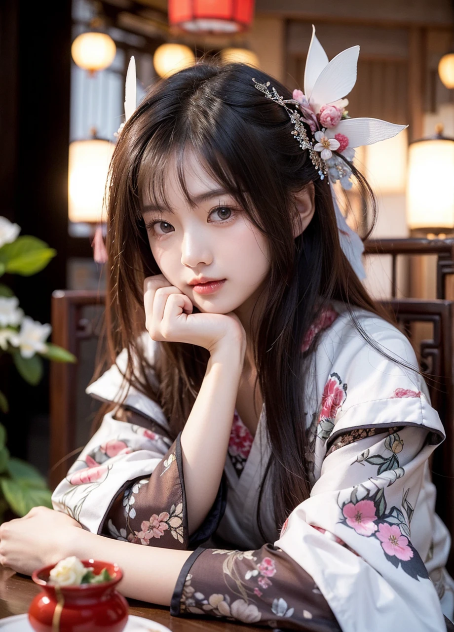 Beautiful Japanese waifu, early 30s, brunette hair, traditional chinese dress in white, large butterfly head decoration, in chinese tea house