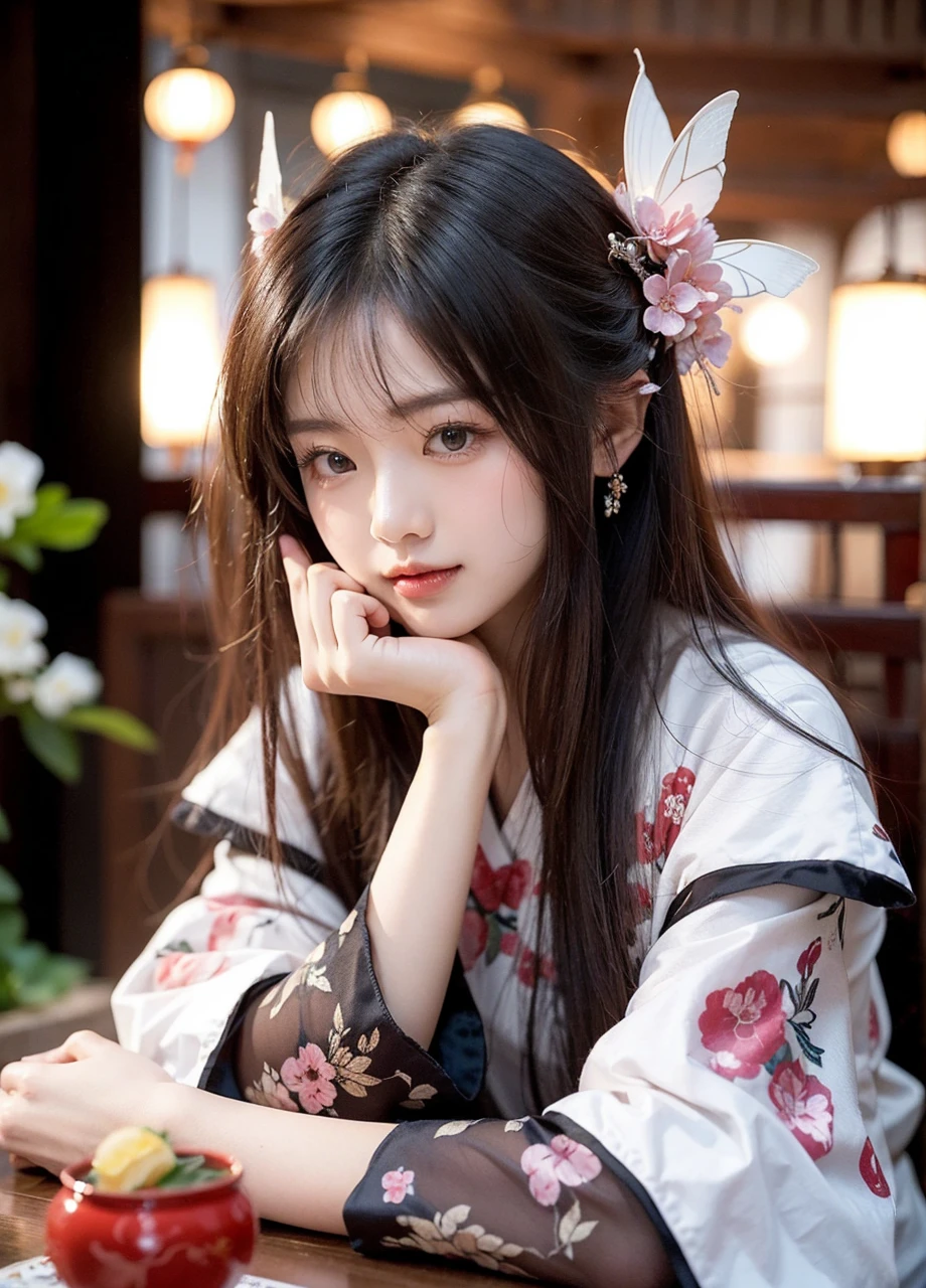 Beautiful Japanese waifu, early 30s, brunette hair, traditional chinese dress in white, large butterfly head decoration, in chinese tea house