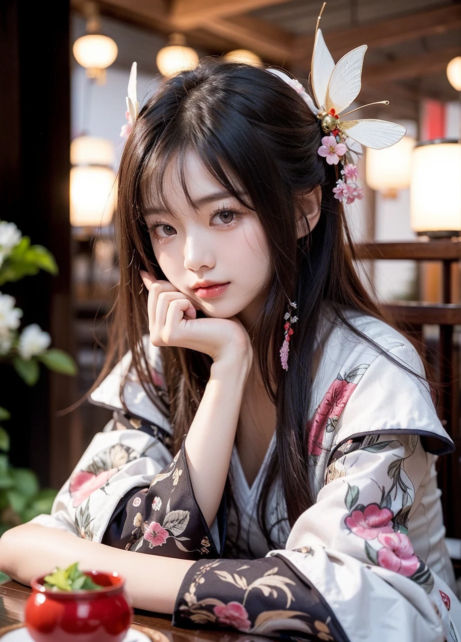 Beautiful Japanese waifu, early 30s, brunette hair, traditional chinese dress in white, large butterfly head decoration, in chinese tea house