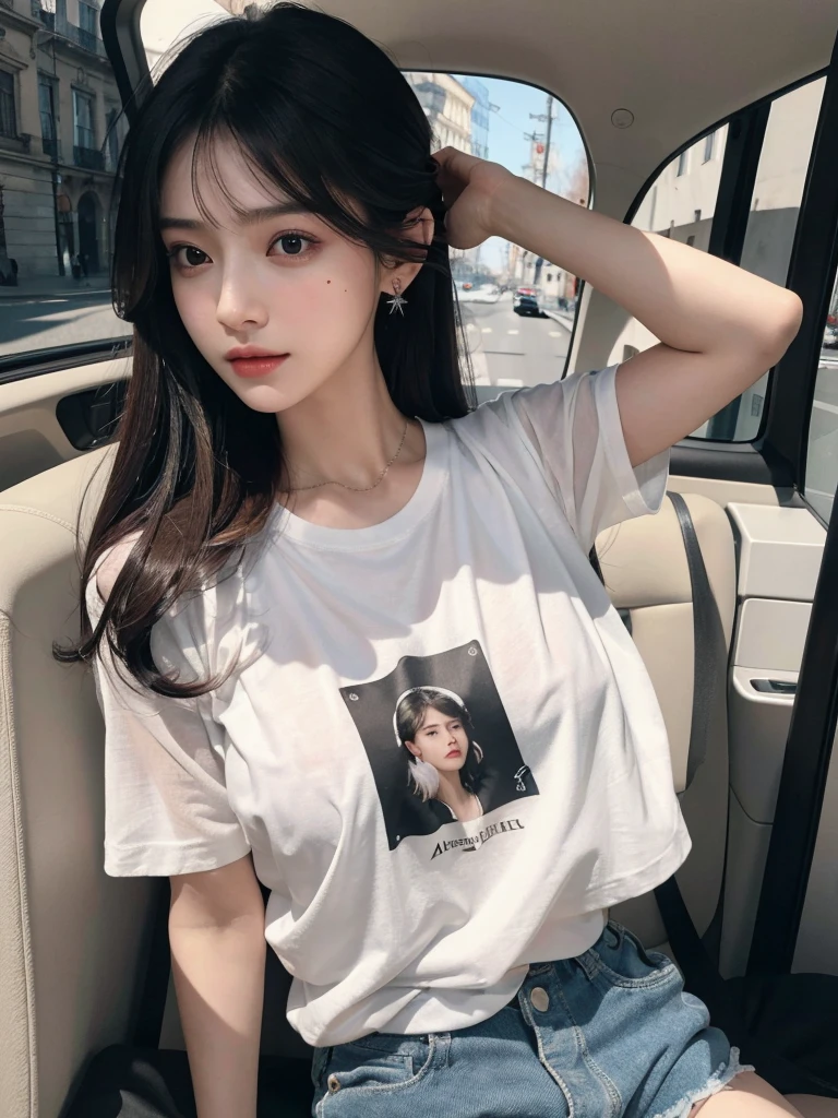 absurdres, RAW photo, extremely delicate and beautiful, masterpiece, Best Quality, ultra high resolution, 32k, hyperrealistic, ultra-detailed, delicate facial features, beautiful detailed woman, tearful mole, earring, medium breasts, (full body shot), medium hair, black hair, cap, T-shirt, baggy shorts, 