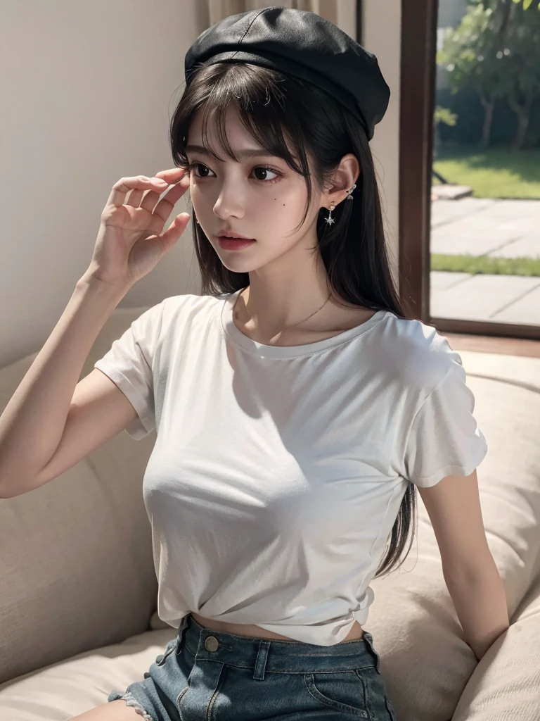 absurdres, RAW photo, extremely delicate and beautiful, masterpiece, Best Quality, ultra high resolution, 32k, hyperrealistic, ultra-detailed, delicate facial features, beautiful detailed woman, tearful mole, earring, medium breasts, (full body shot), medium hair, black hair, cap, T-shirt, baggy shorts, 